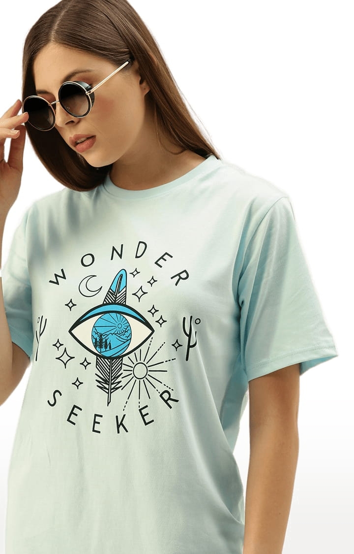 Women's Blue Cotton Graphics Oversized T-Shirt