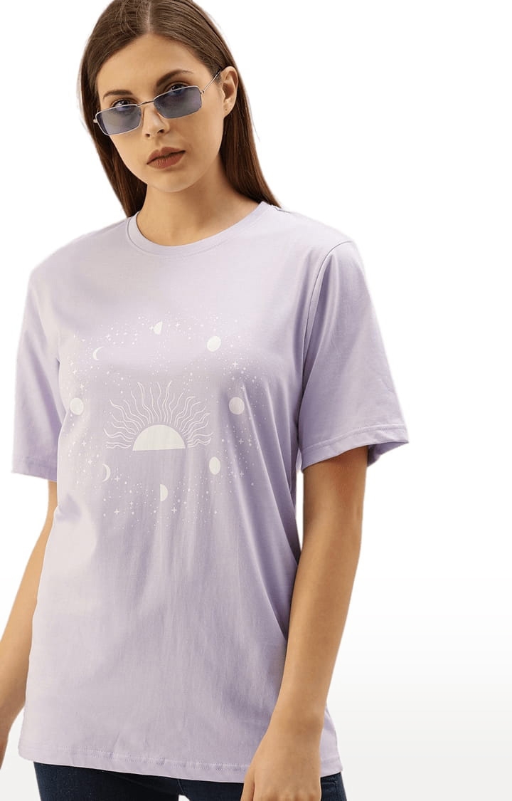 Women's Purple Cotton Printed Oversized T-Shirt