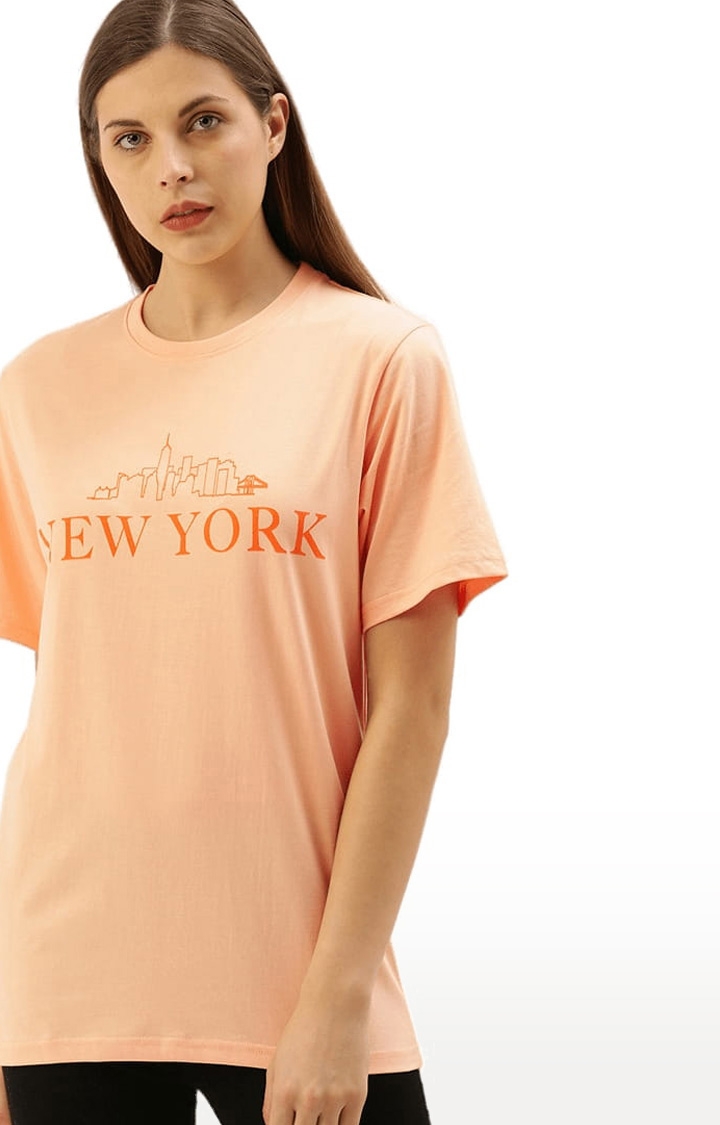 Women's Orange Cotton Printed Oversized T-Shirt