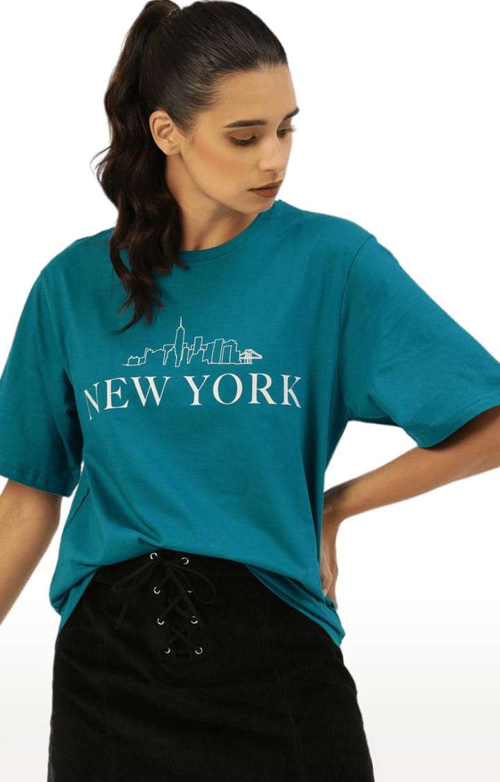 Women's Blue Cotton Typographic Printed Oversized T-Shirt