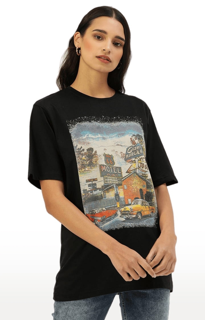 Women's Black Cotton Graphics T-Shirts