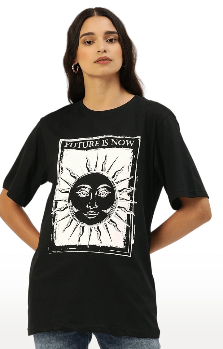 Women's Black Cotton Graphics Oversized T-Shirt