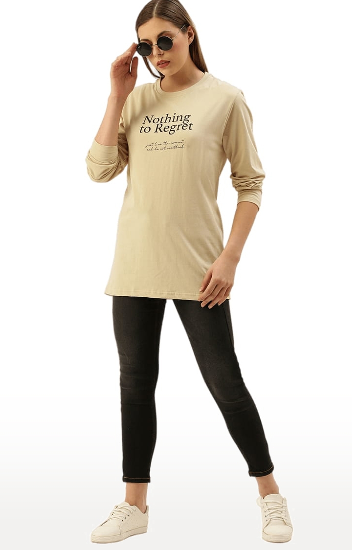 Women's Beige Cotton Typographic Printed Oversized T-Shirt