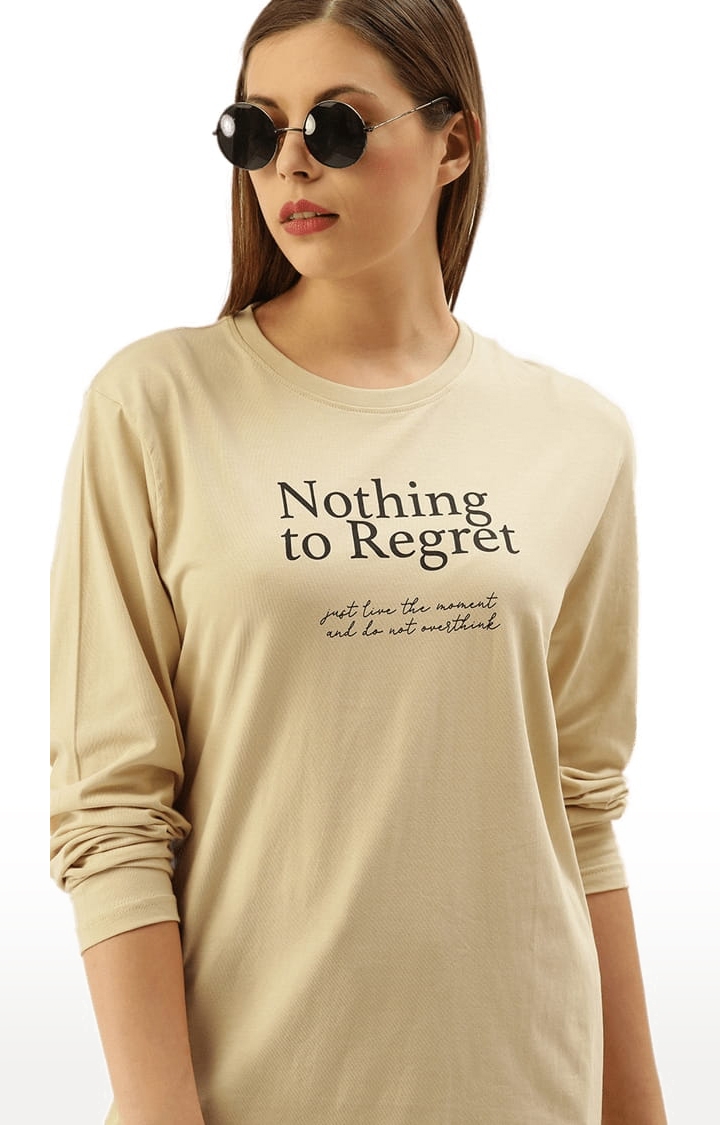Women's Beige Cotton Typographic Printed  T-Shirts
