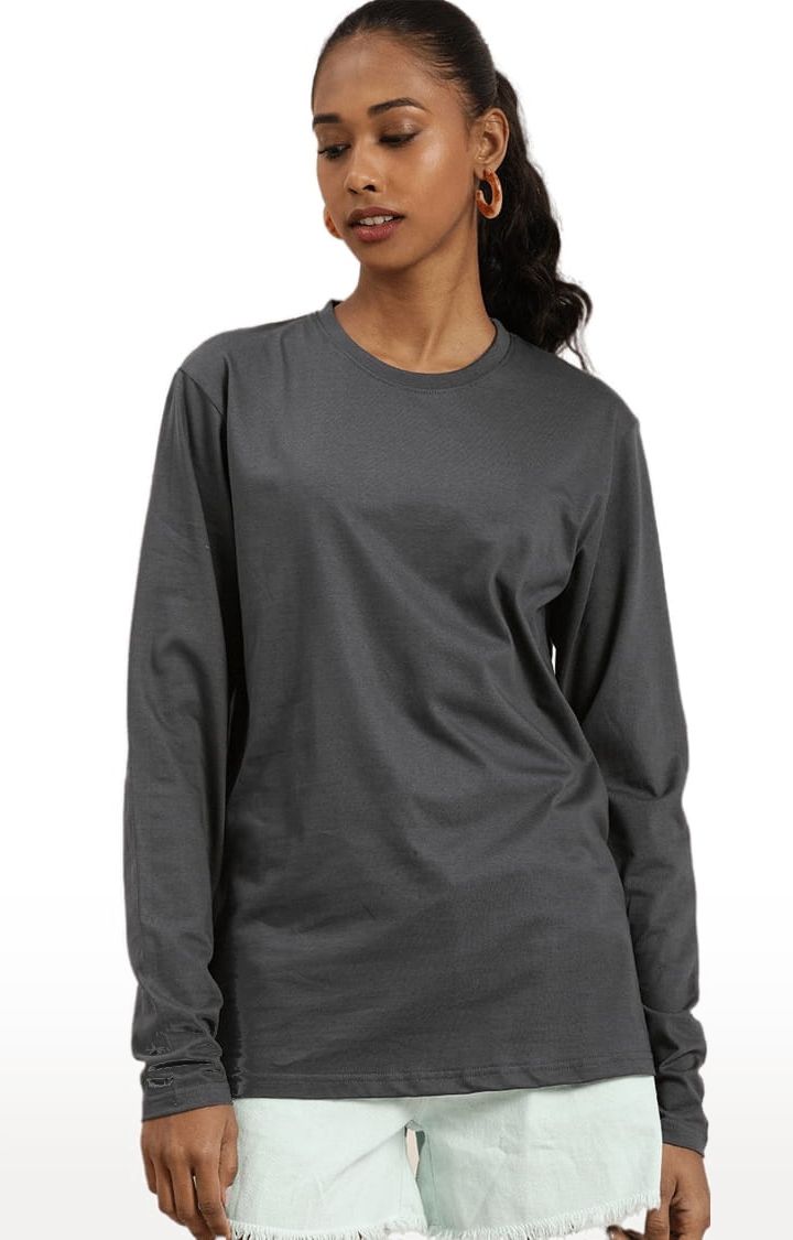 Women's Grey Cotton Solid Oversized T-Shirt