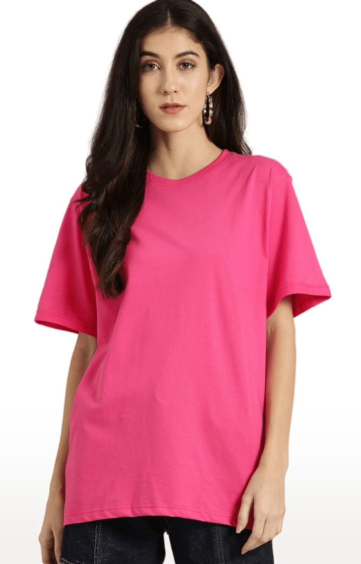 Women's Pink Cotton Solid Oversized T-Shirts