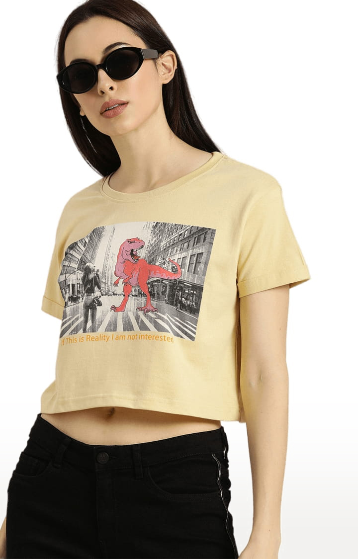 Women's Yellow Cotton Graphics Crop Top