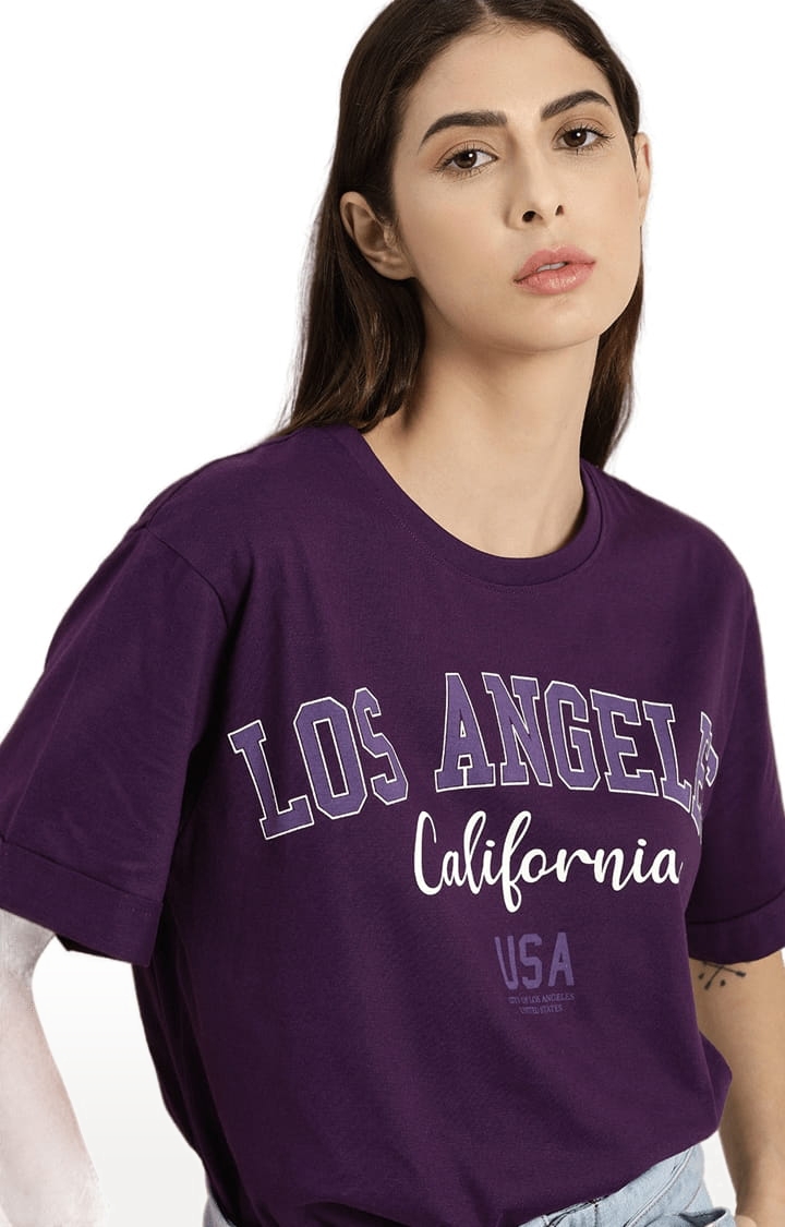 Women's Purple Cotton Typographic Printed  T-Shirts