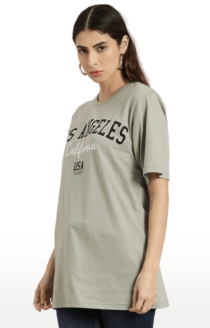 Women's Grey Cotton Typographic Printed Oversized T-Shirt