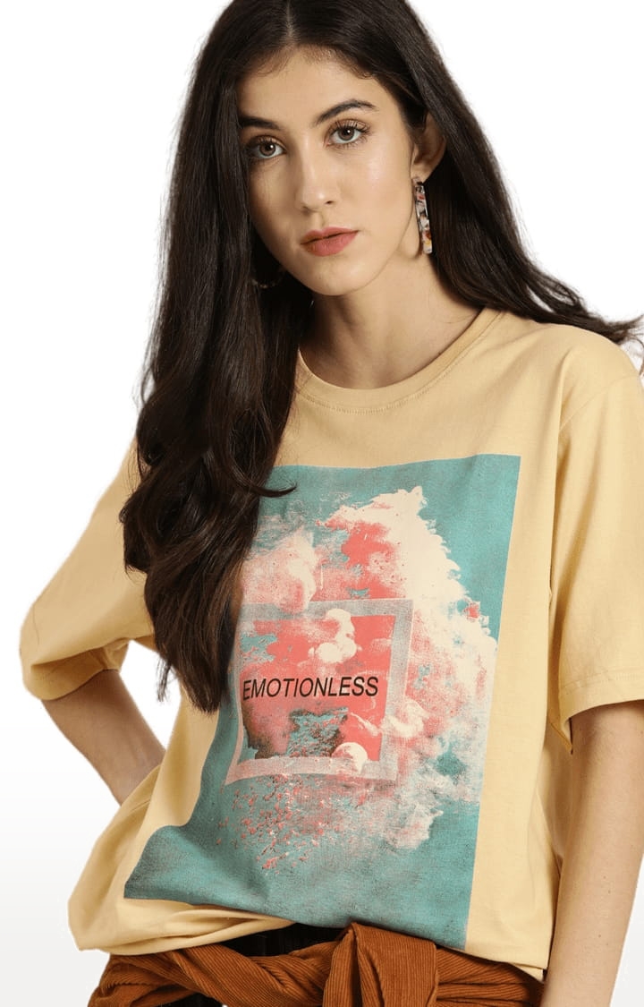 Women's Beige Cotton Graphics T-Shirts