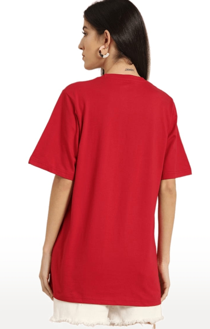 Women's Red Cotton Graphics Oversized T-Shirt