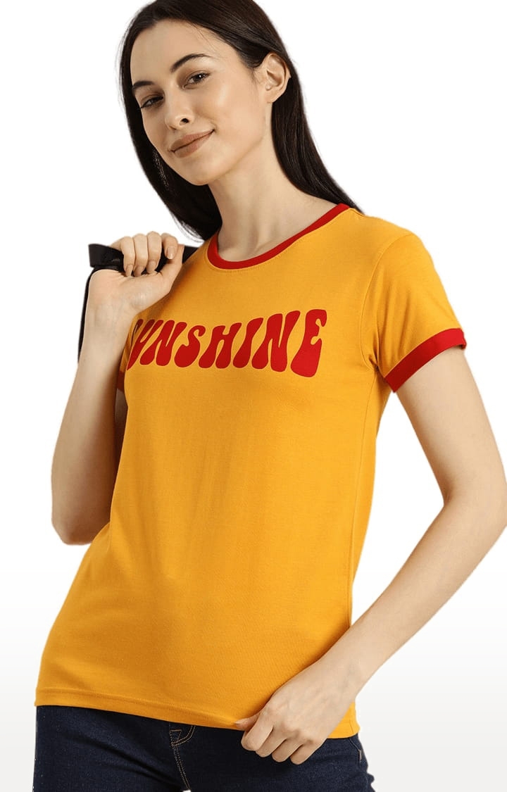 Women's Yellow Cotton Typographic Printed Regular T-Shirt