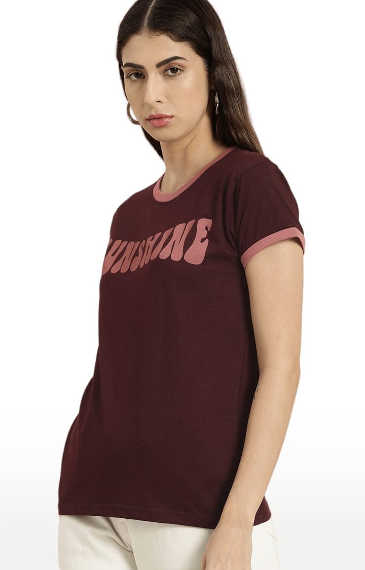 Women's Maroon Cotton Typographic Printed  T-Shirts