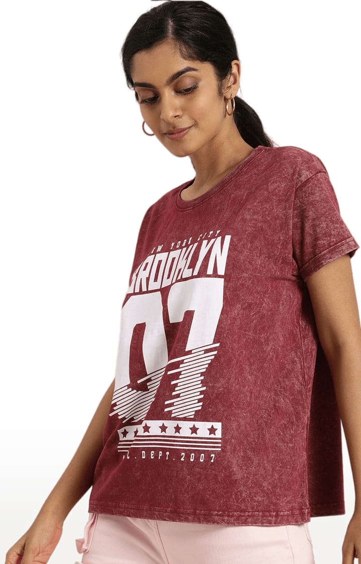 Women's Maroon Cotton Printed T-Shirts