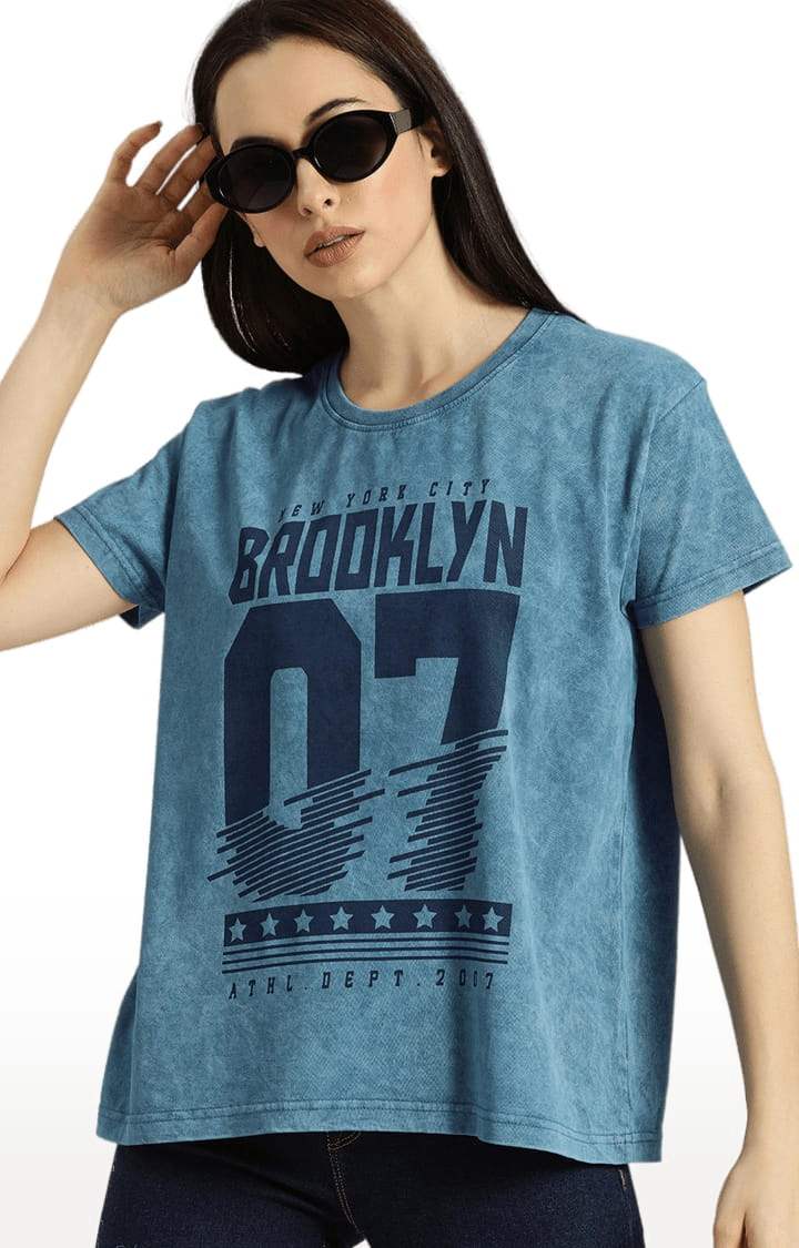 Women's Blue Cotton Typographic Printed  T-Shirts