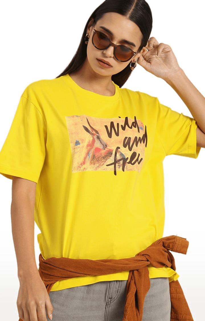 Women's Yellow Cotton Printed Oversized T-Shirt