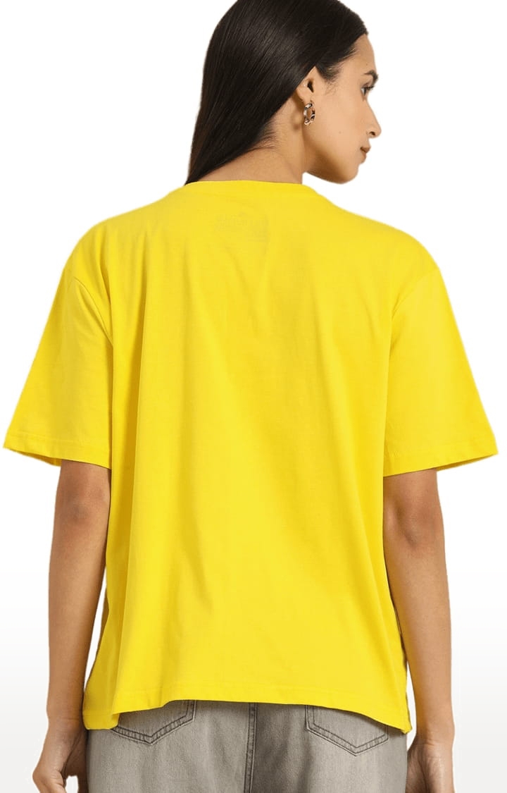 Women's Yellow Cotton Printed Oversized T-Shirt