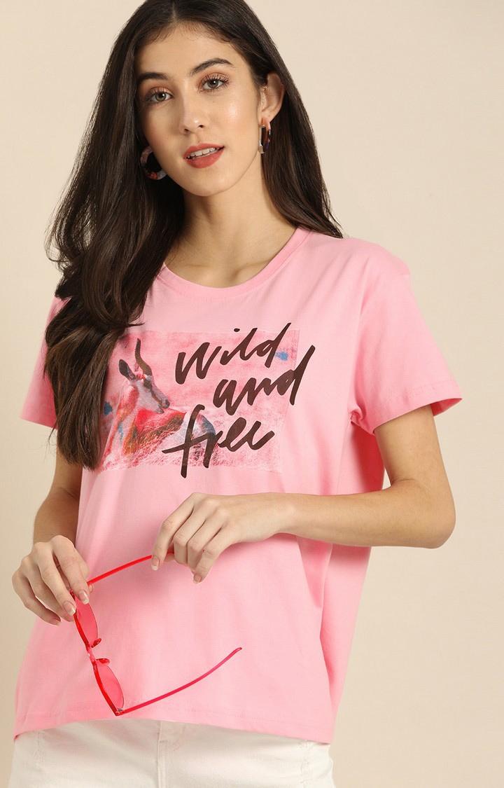 Women's Pink Cotton Typographic Oversized T-Shirts