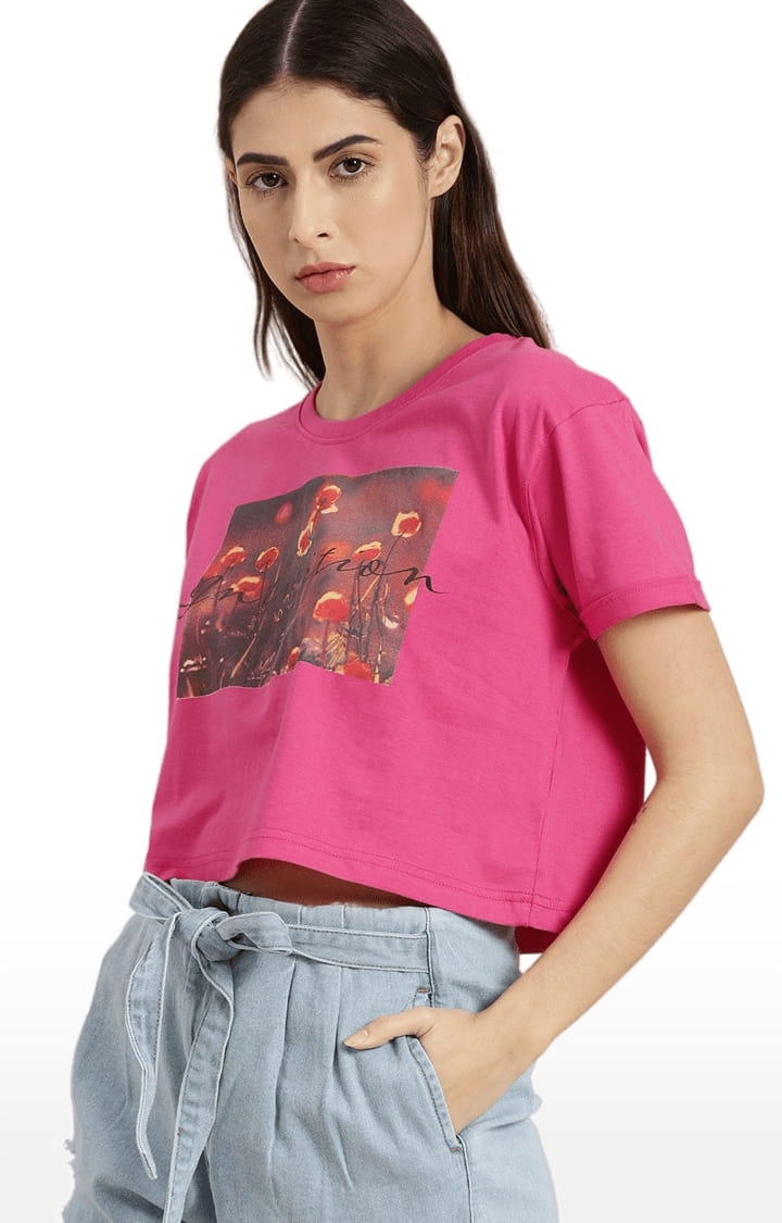 Women's Pink Cotton Graphics Crop Top