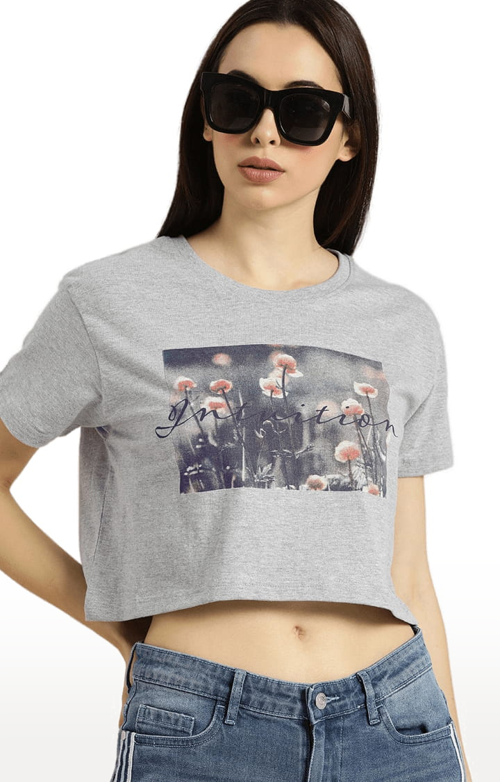 Women's Grey Cotton Printed Crop Top