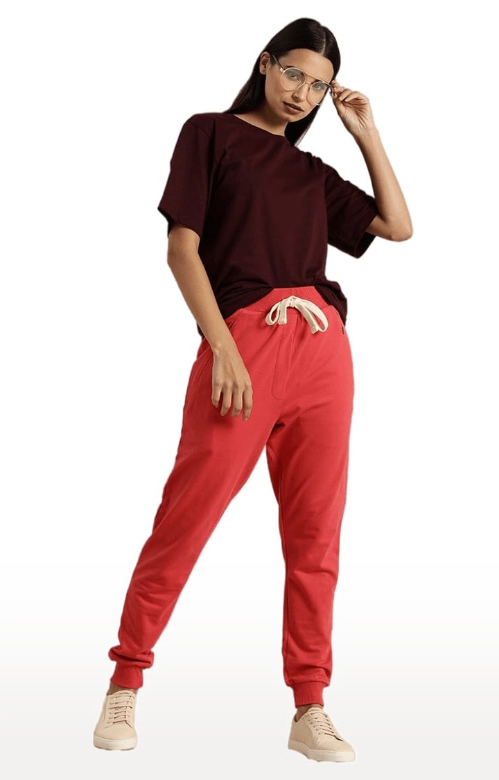 Women's Red Cotton Solid Casual Joggers
