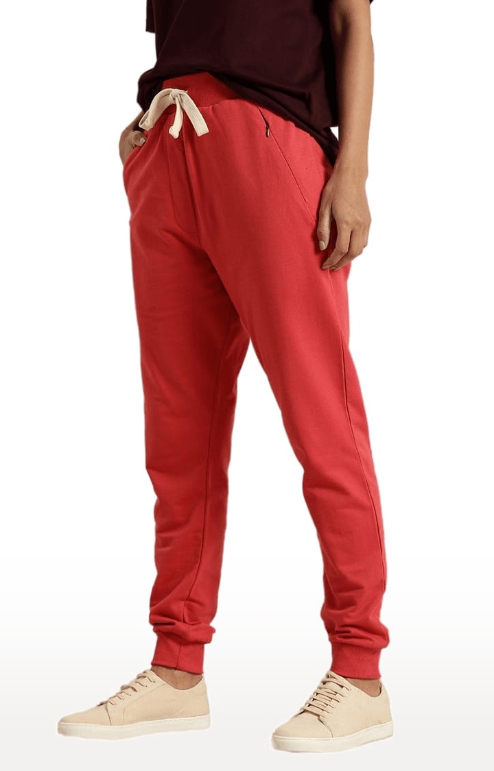 Women's Red Cotton Solid Casual Joggers