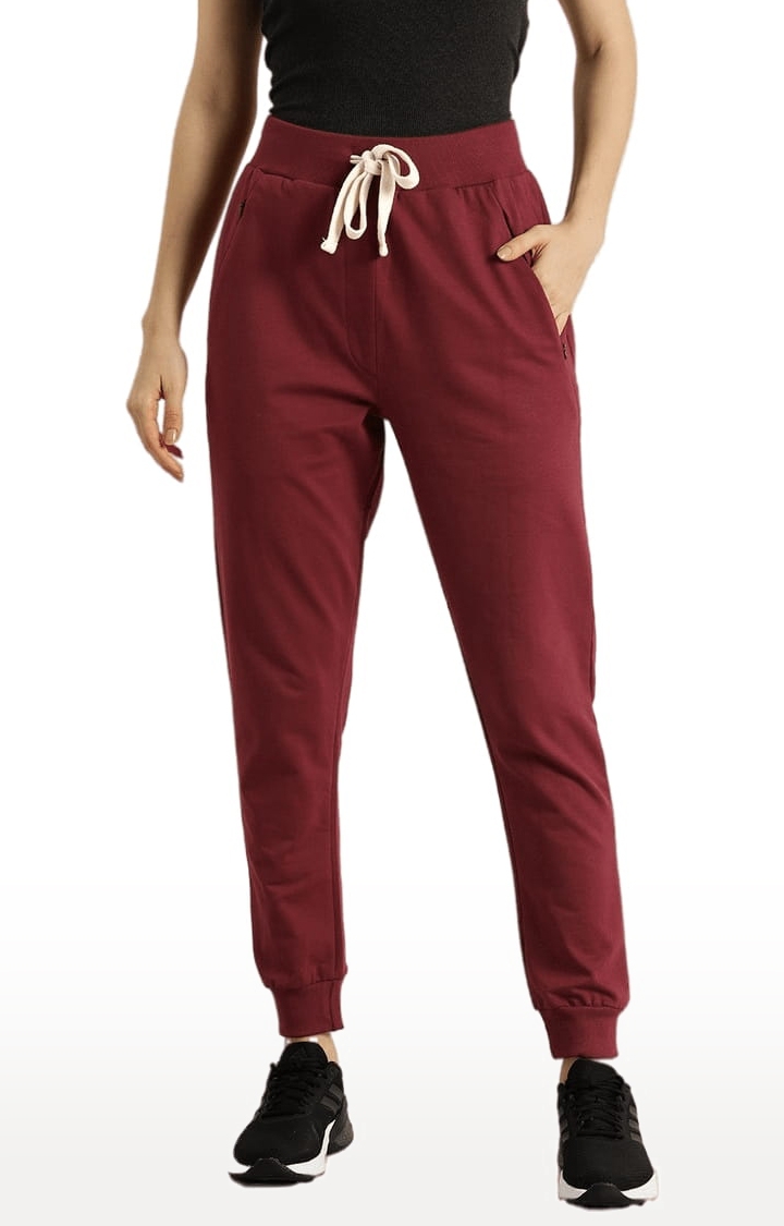 Women's Red Cotton Solid Casual Jogger