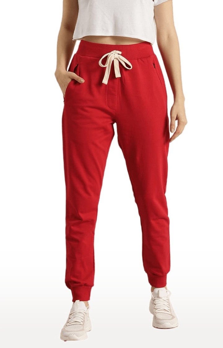 Women's Red Cotton Solid Casual Joggers