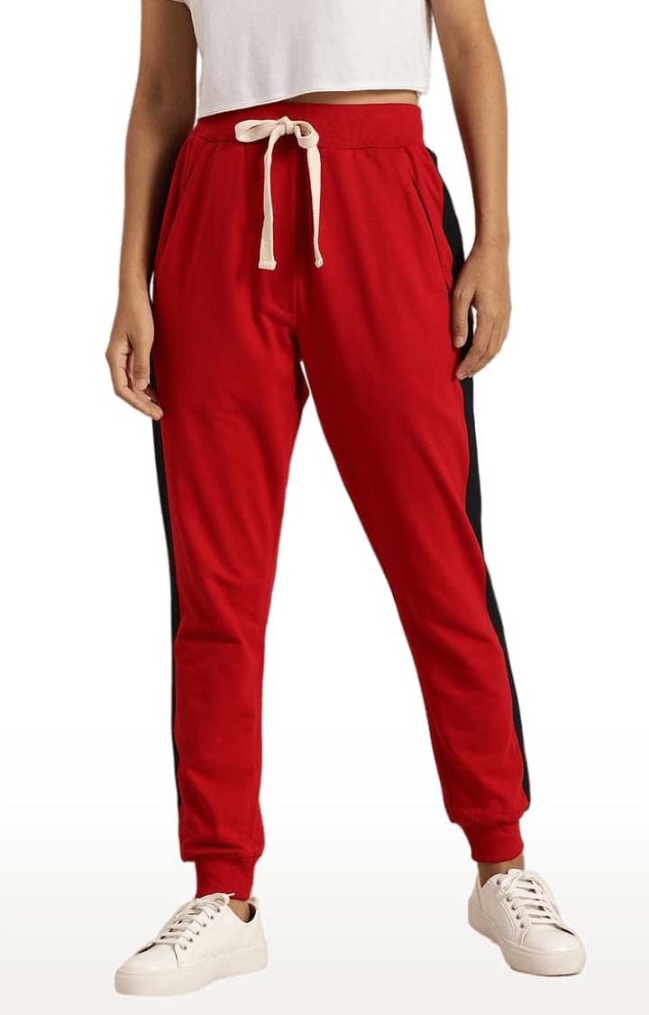 Women's Red Cotton Solid Casual Jogger