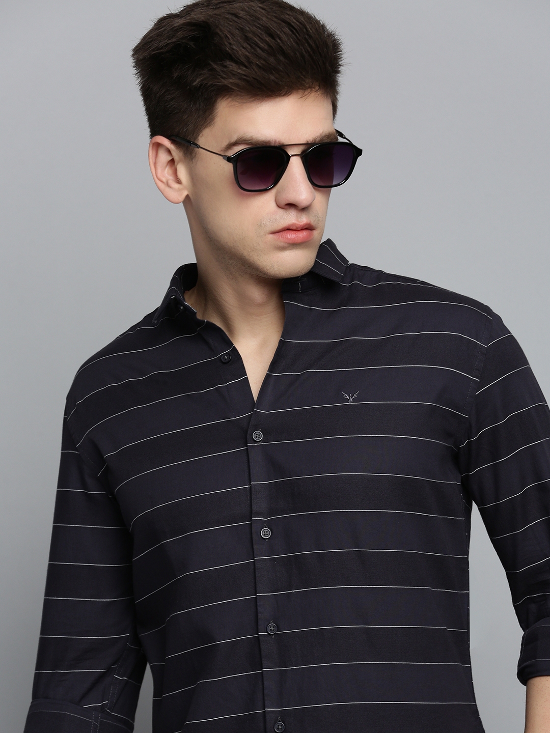 SHOWOFF Men's Spread Collar Black Self Design Shirt