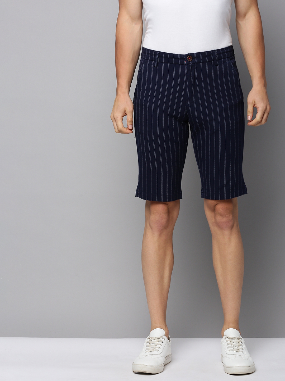 Showoff | SHOWOFF Men's Knee Length Striped Navy Blue Mid-Rise Regular Shorts
