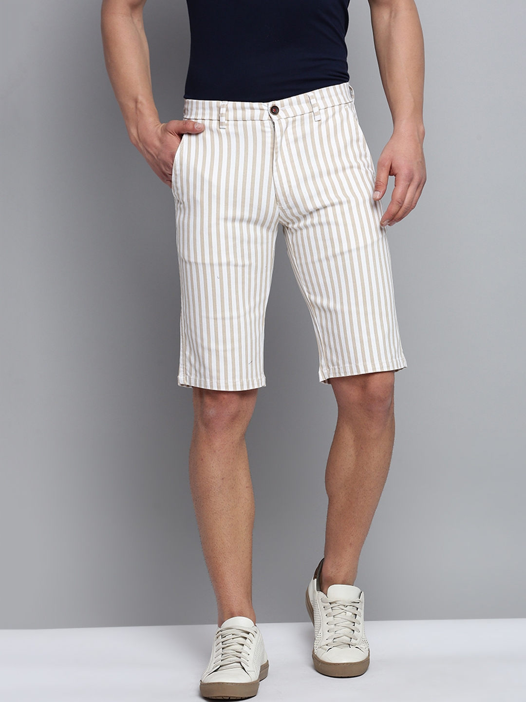SHOWOFF Men's Knee Length Striped Beige Mid-Rise Regular Shorts
