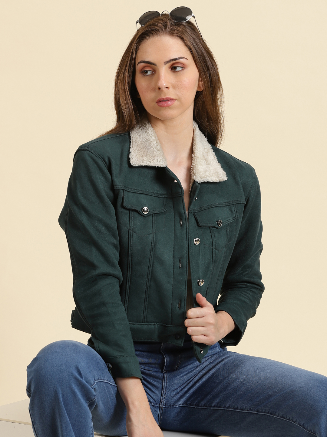 SHOWOFF Women's Mock Collar Solid Green Open Front Jacket