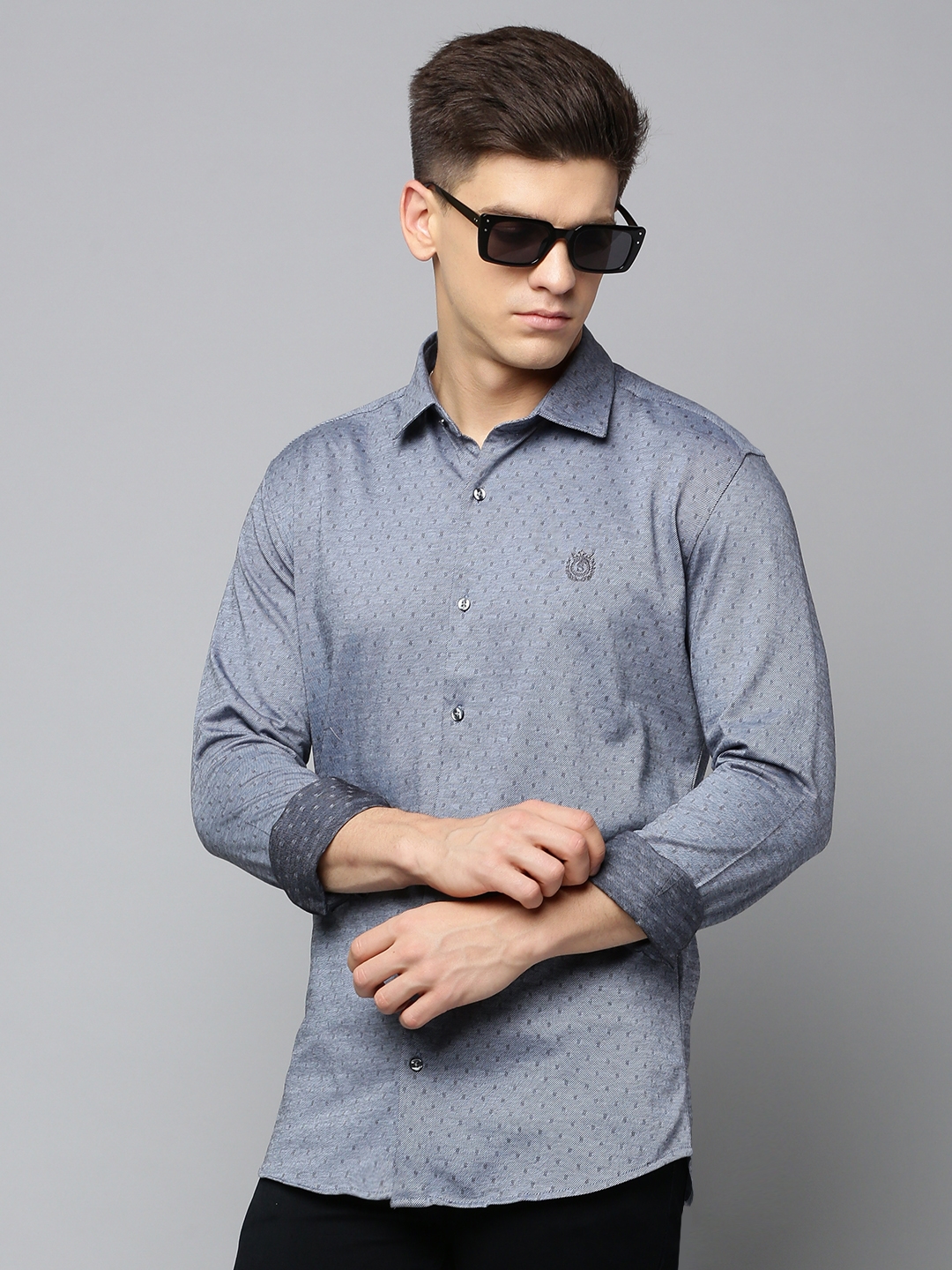 SHOWOFF Men's Spread Collar Self Design Grey Slim Fit Shirt