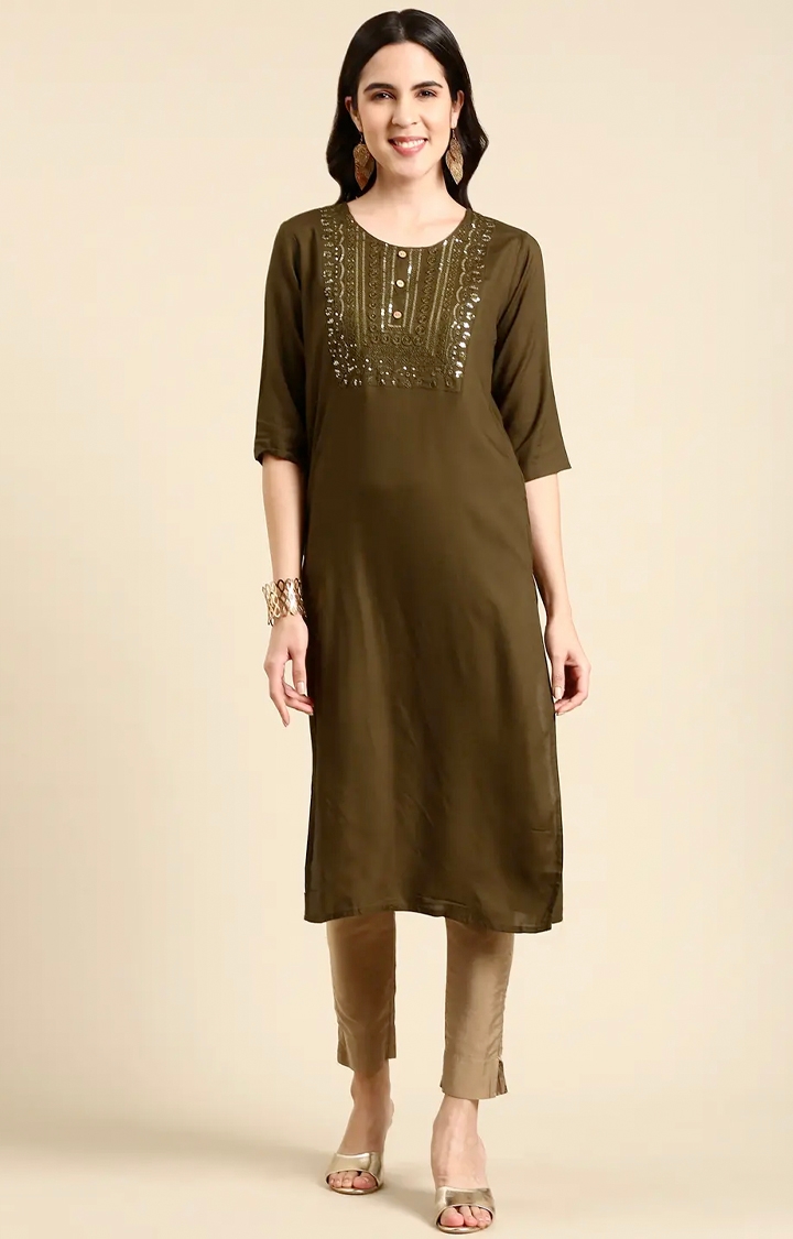 SHOWOFF Women's Mid Length Embellished Straight Olive Kurta