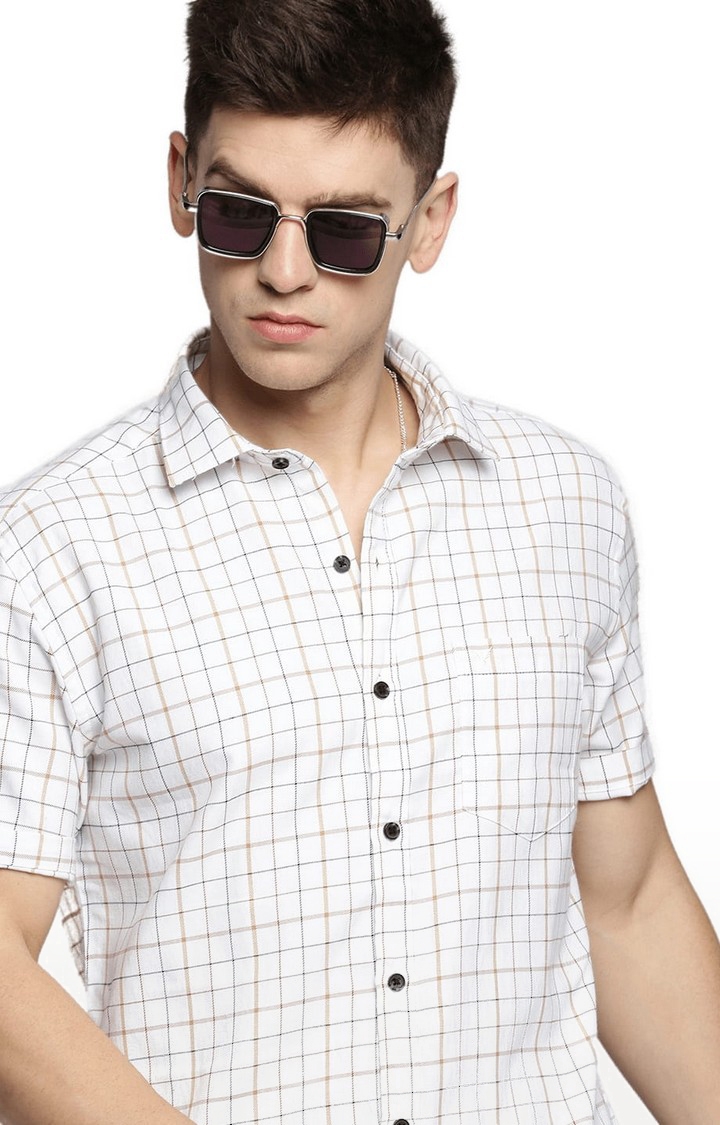 SHOWOFF Men's Spread Collar White Checked Shirt