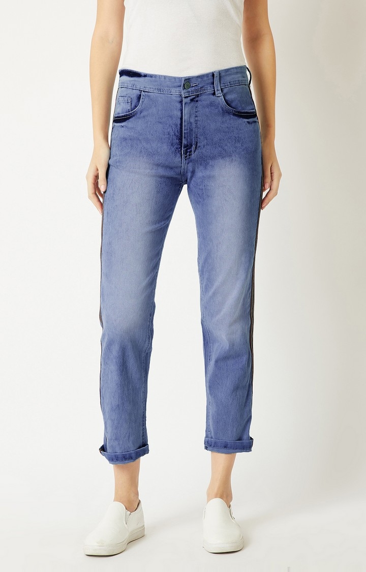 MISS CHASE | Women's Blue Cotton Solid Regular Jeans