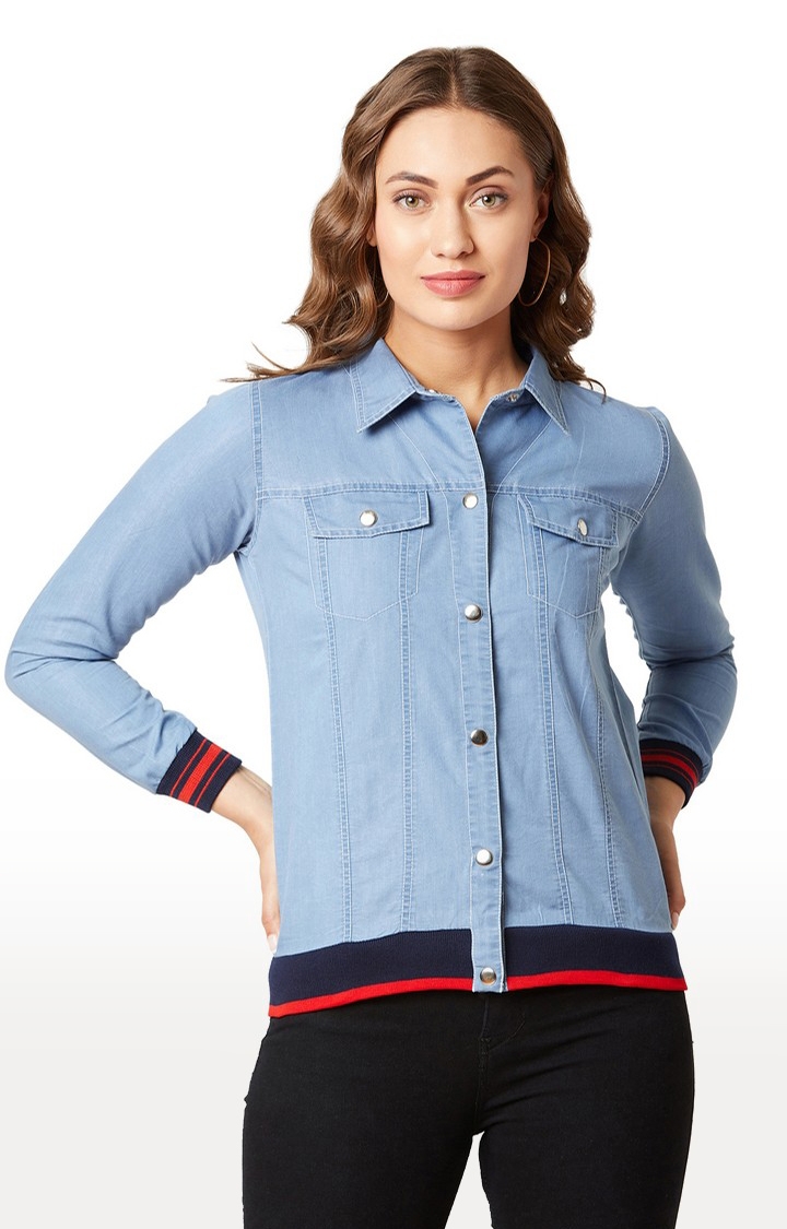 Women's  Blue Denim Solid Denim Jackets