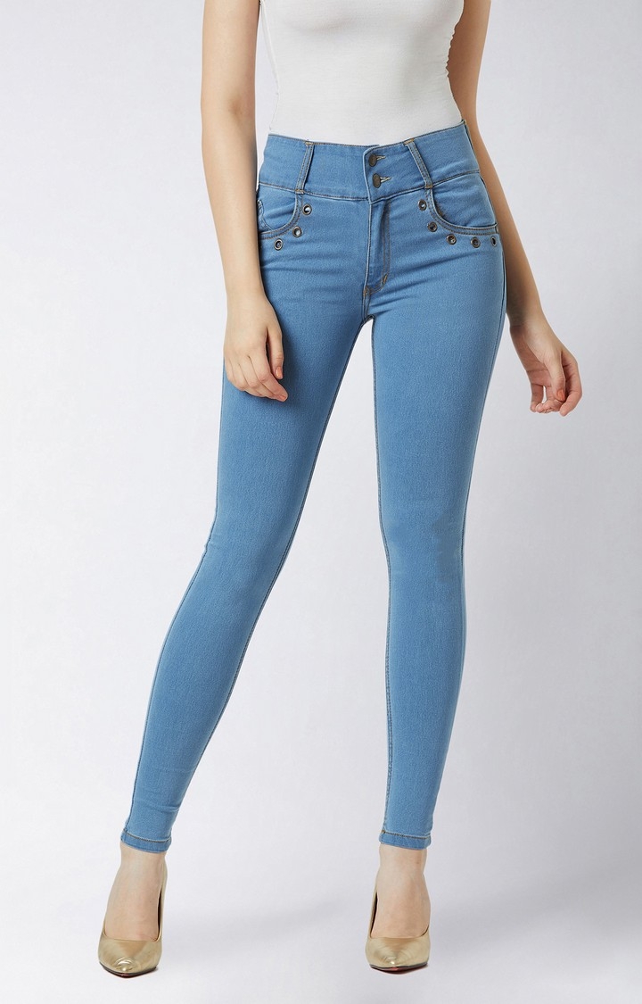 MISS CHASE | Women's Blue Cotton Solid Skinny Jeans