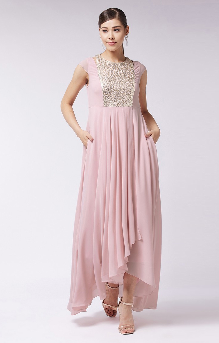 Women's  Pink Polyester Solid Gowns