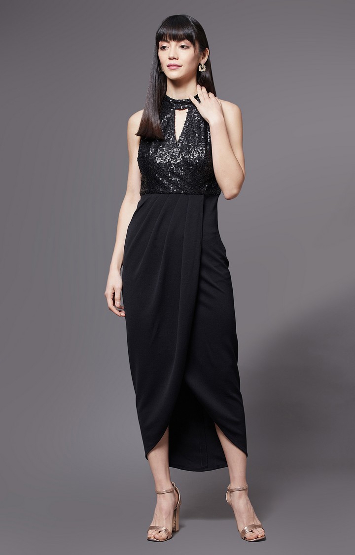 Women's  Black Polyester Solid Asymmetric Dress