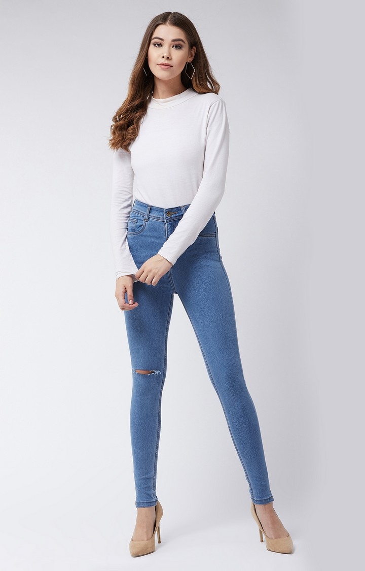 Women's Blue Cotton Ripped Ripped Jeans