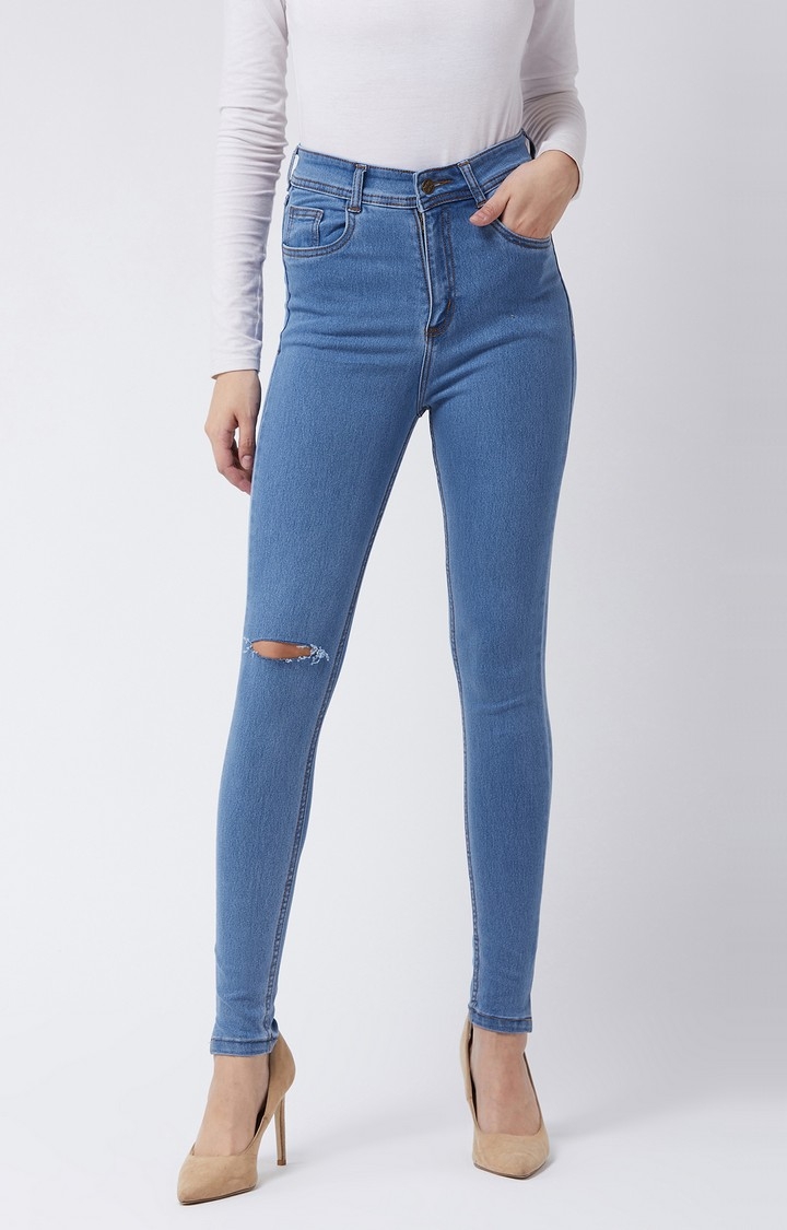 MISS CHASE | Women's Blue Cotton Ripped Ripped Jeans