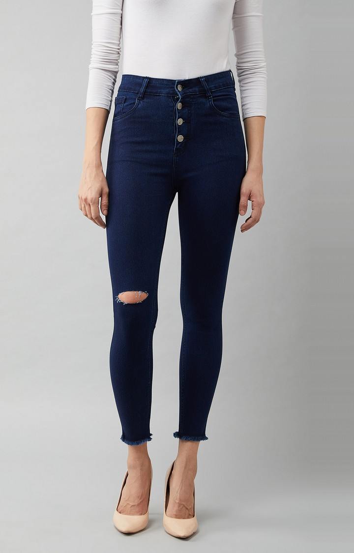 MISS CHASE | Women's Blue Cotton Ripped Ripped Jeans