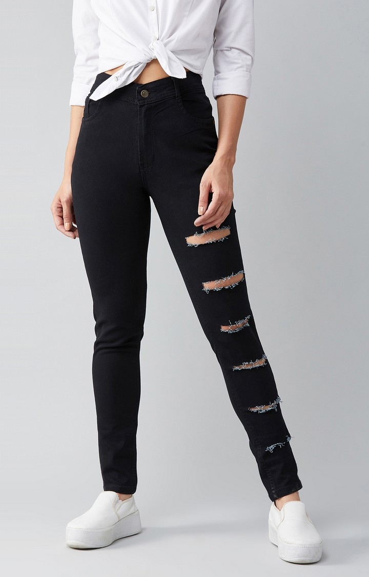 MISS CHASE | Women's Black Cotton Ripped Ripped Jeans