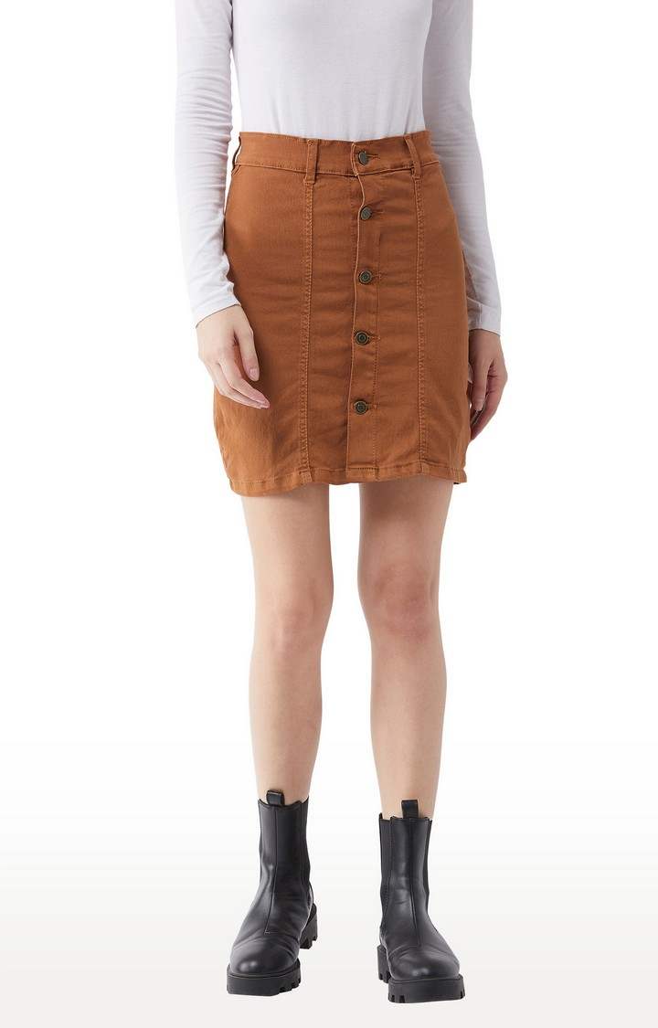 Women's Brown Cotton Solid Skirts