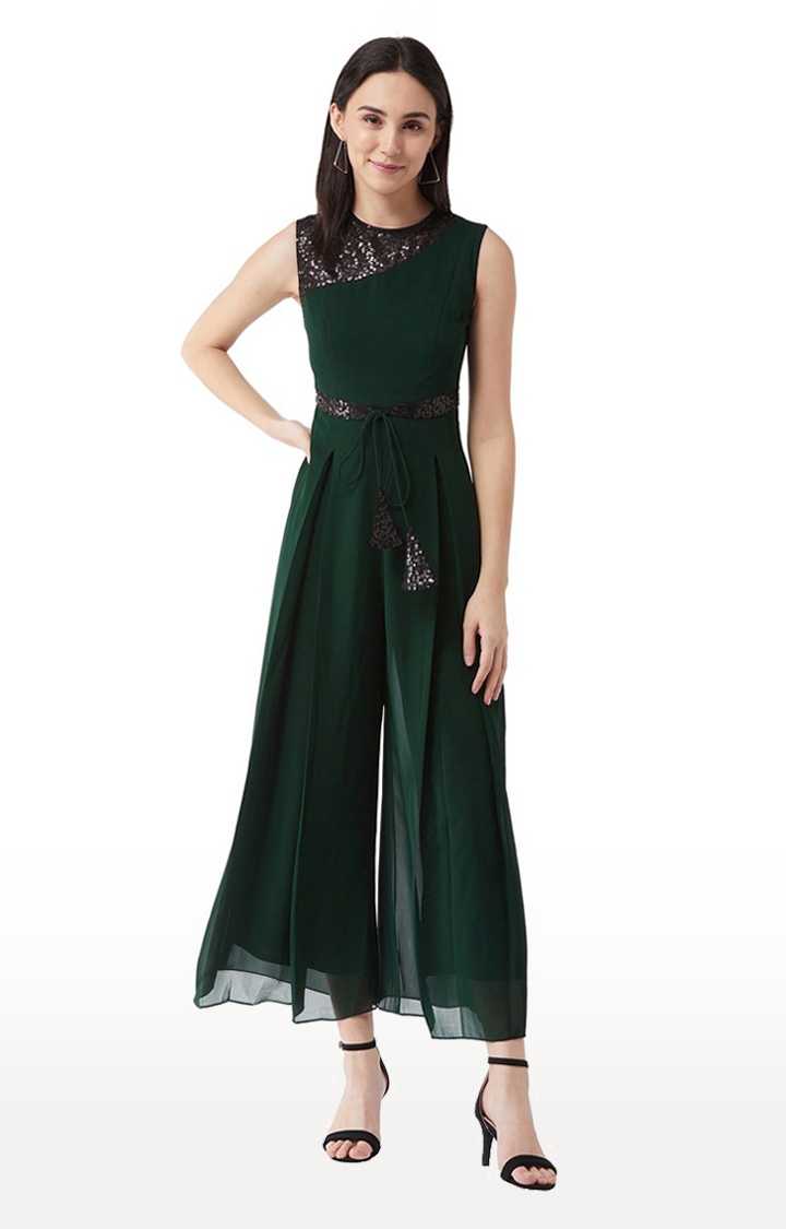 Women's  Green Georgette Solid Jumpsuits