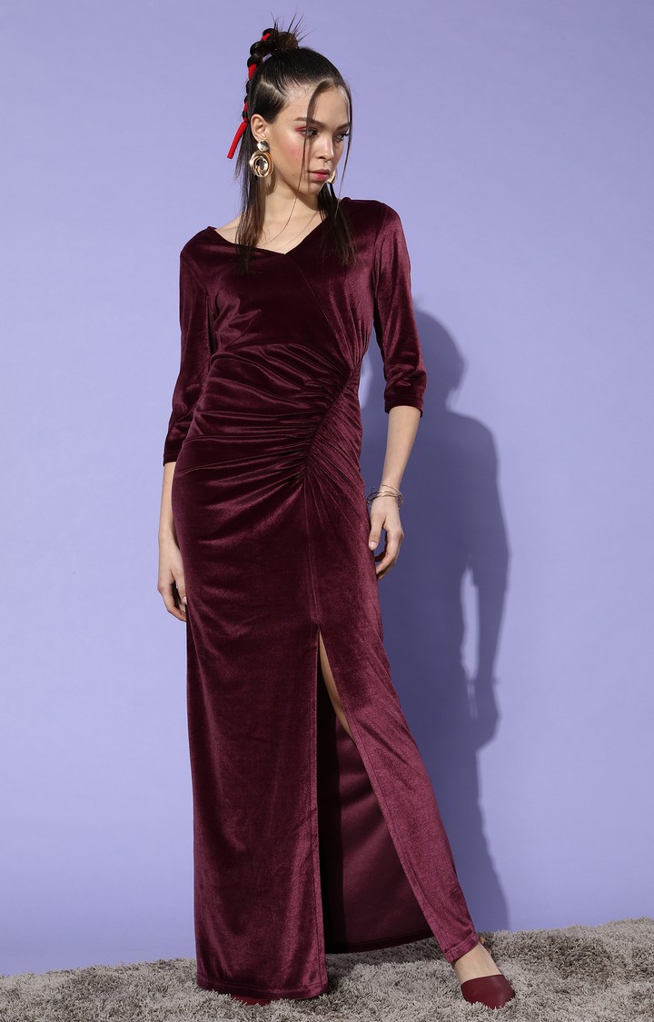 Women's  Red Velvet Solid Maxi Dress