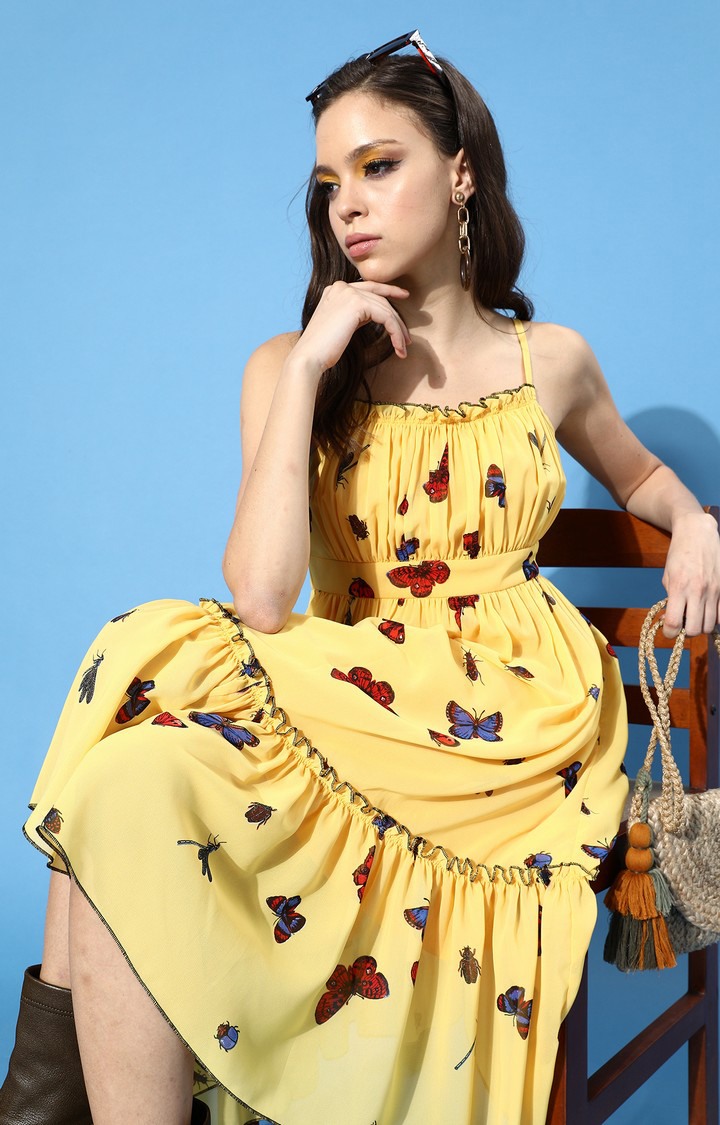 MISS CHASE | Women's  Yellow Georgette Printed Fit & Flare Dress