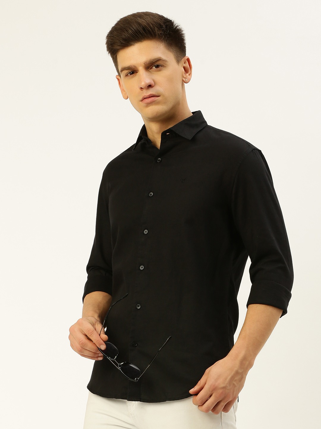 SHOWOFF Men's Spread Collar Solid Black Regular Fit Shirt